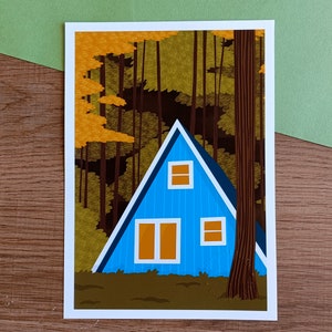 Poster Blue house cabin in the forest - A5 and A4 - Poster - Illustration - Forest poster - illustration poster - cabin nature landscape