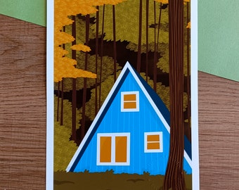 Affiche Cabane maison bleu dans la forêt - A5 et A4 - Poster - Illustration - Affiche forêt - affiche illustration - paysage nature cabane