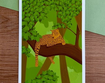 Affiche Léopard dans la jungle - A5 et A4 - Poster - illustration - affiche leopard - illustration jungle léopard