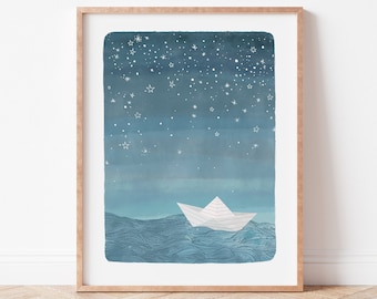 Paper Boat Artwork, Blue Themed Kids Room Art, Nautical Art, Children’s Gift, Ocean Children's Print, Nursery Wall Art