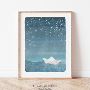 Paper Boat Artwork, Blue Themed Kids Room Art, Nautical Art, Children’s Gift, Ocean Children's Print, Nursery Wall Art