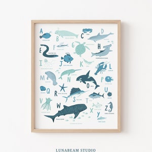 Lámina infantil con el alfabeto de animales del océano, arte azul para habitación infantil, póster con el alfabeto de animales, decoración infantil, arte mural para sala de juegos, lámina infantil con el océano.