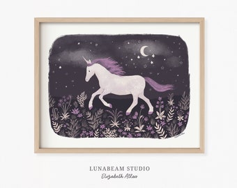 Magical Midnight Unicorn Art Print, Unicorn Theme, Girls Room Art, Girly Wall Decor, Calming Wall Art, Hand-Illustrated