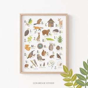 Kids Alphabet Art Print - Woodland Animals, Nature ABC Poster, Forest Nursery Decor, Neutral Nursery Art, Forest Baby Shower Theme Gift