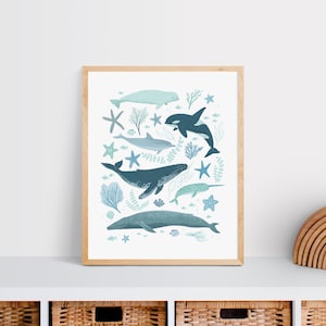 Blue Ocean and Whale Art Print for Kids Room