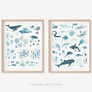 Ocean Alphabet 2er-Set - Strand Alphabet Poster, Meerestiere, Blauer Ozean, Blaues Meer Thema, Maritimes Kinderzimmer Dekor, Strand Kinderzimmer Dekor, Spielzimmer Kunst
