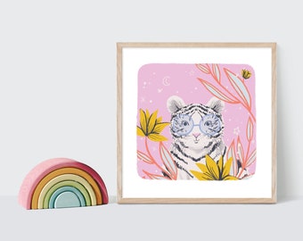 Cute Tiger Illustration Art Print, Pink Boho Girl Decor, Safari Nursery Wall Art, Jungle Room Theme, Baby Tiger Art, Year of the Tiger