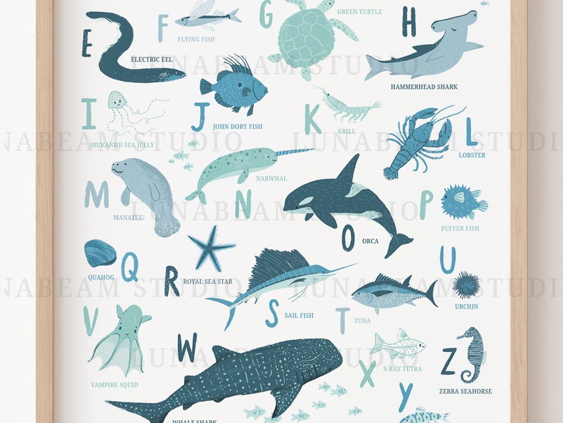 Ocean Alphabet Set of 2 Beach Alphabet Poster, Sea Creatures, Blue Ocean Theme, Nautical Nursery Decor, Beach Nursery Decor, Playroom Art image 3