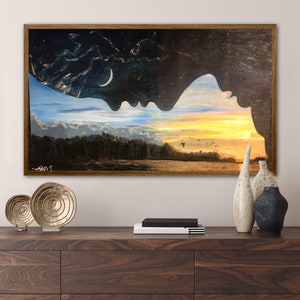 Original Landscape oil painting, Feng Shui Artwork, Yin Yang wall art, Night and Day abstract painting, Original gift on canvas