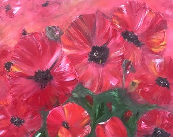 ポピーの絵画 オリジナルアート キャンバス 8x8、赤い花の油絵、娘から