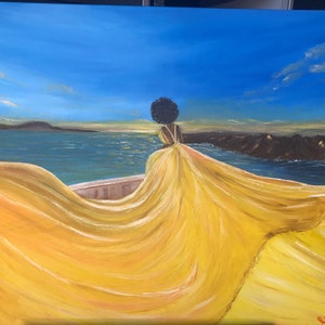 Meerlandschaft Ölgemälde, Frau Malerei, Handgemacht, Wandkunst, Original Öl auf Leinwand, Figuratives Kunstwerk, Sonnenschein Frau, Santorini Kunst