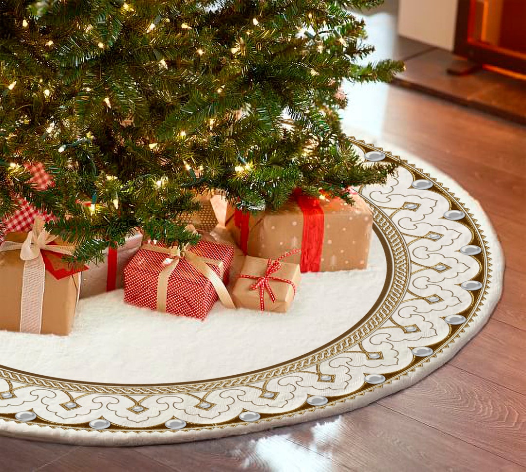 Luxury Style Christmas Tree Skirts, White and Gold Christmas Tree