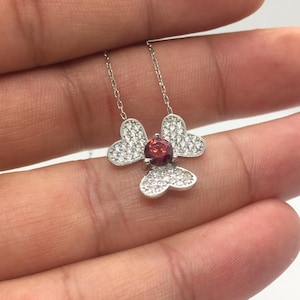 Silver Clover Leaf Necklace – Red Birthstone Heart Pendant – Lucky Charm Jewelry – July Gift for Her – 925 Sterling Silver