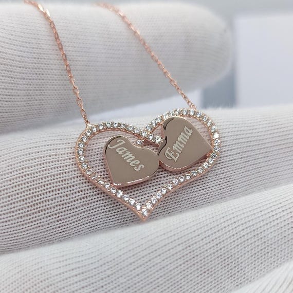 Personalized Sterling Silver Double Heart Necklace: Custom Name