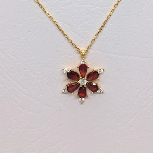 Gold Lotus Necklace: Red Teardrop July Birthstone, Sterling Silver