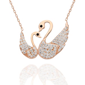 Romantic Swan Necklace 925 Silver – Rose Gold Heart Pendant with Zircon Stones | Anniversary or Valentine&#39;s Gift for Her
