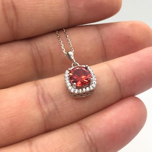Sterling Silver Red Zircon Necklace – Cushion Cut Halo Pendant – Elegant Gift Jewelry for Her