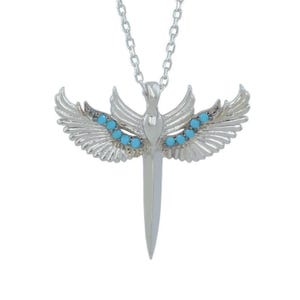 Winged Sword Necklace in Sterling Silver – Warrior Pendant with Turquoise Accents – Celestial Protection Jewelry for Women