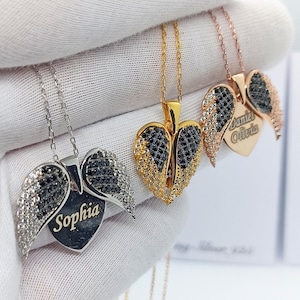 Angel Wings Heart Necklace – Custom Sterling Silver Pendant – Engraved Gift for Her – Personalized Jewelry with Name