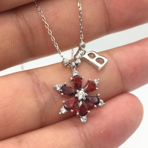 Custom Birthstone Lotus Necklace – Silver Initial Flower Pendant – July Red Gem – Personalized Gift – 925 Sterling Silver Jewelry