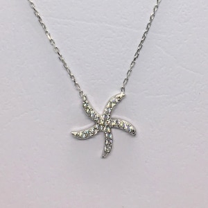 Starfish Pendant Necklace 925 Sterling Silver • Dainty Ocean Jewelry with White Zircons • Beach Lover Gift for Her