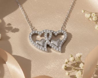 Collier Vintage En Argent Sterling 925 Avec Pendentif Double Coeur CZ - Longueur 18,25 Pouces