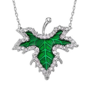 925 Sterling Silber Blatt Halskette mit weißen Zirkonen - Grün Emaille Ahorn Anhänger - Natur Schmuck
