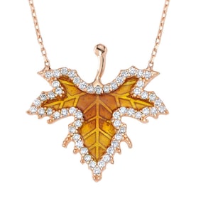 Emaille Ahornblatt Halskette – 925 Sterling Silber Herbst Anhänger mit weißen Zirkonen – Herbst Schmuck in Rosegold für Damen