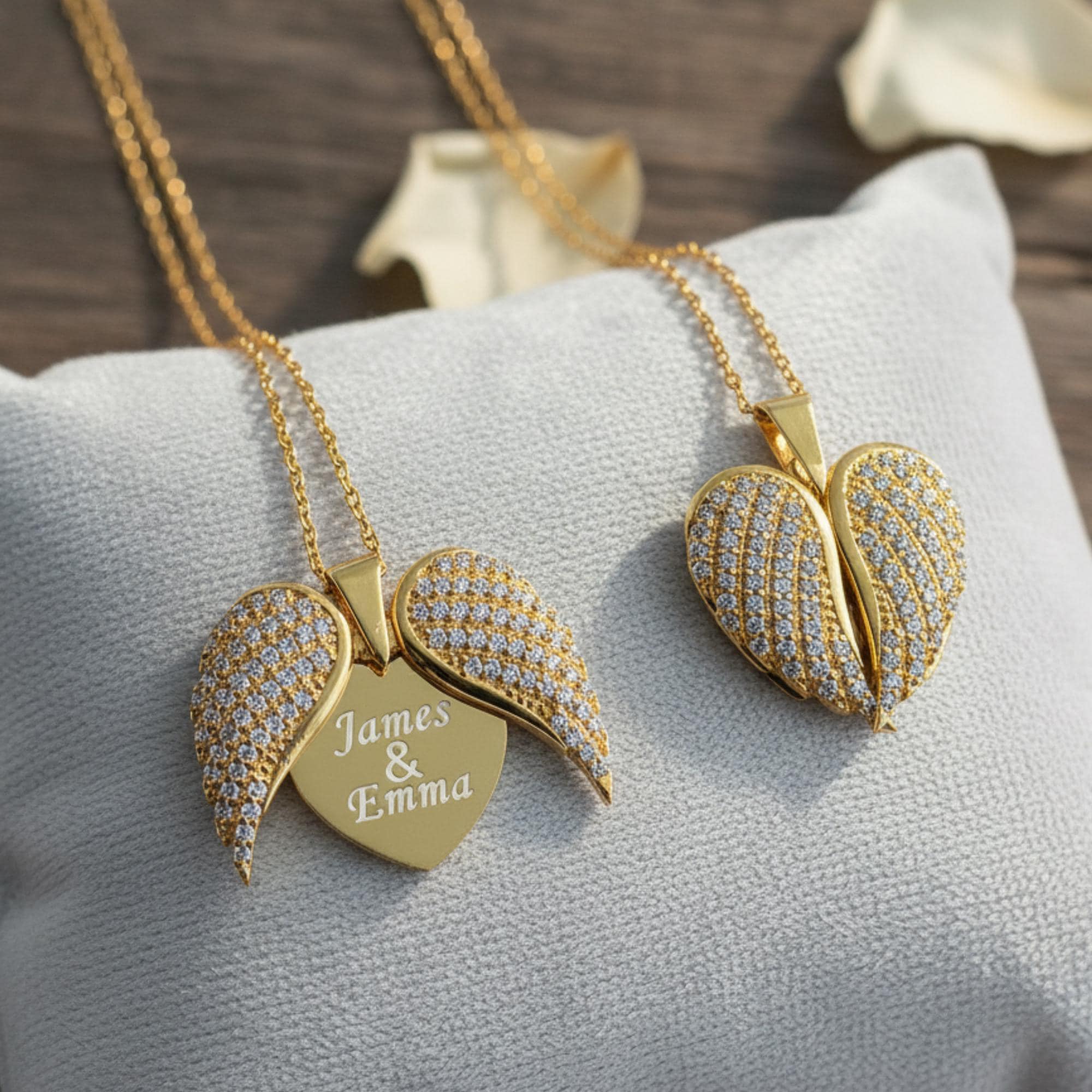 Gold Angel Wing Heart Necklace – Personalized Couple Gift for