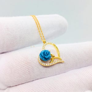 Turquoise Rose Heart Necklace Gold – 925 Sterling Silver Romantic Flower Jewelry – Handmade Floral Pendant for Her