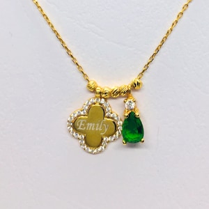 Personalized Gold Clover Necklace with Birthstone – Custom Name Pendant – 925 Sterling Silver Jewelry Gift