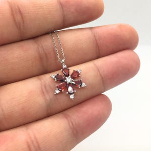 Lotus Necklace Silver – Red Teardrop July Birthstone Pendant, 925 Sterling Silver Floral Jewelry, Dainty Gift for Her