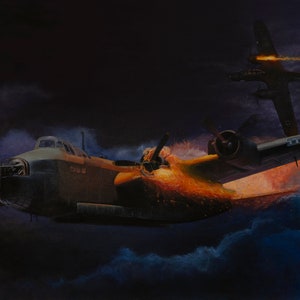 Moonlit Duel - RAF Short Stirling vs Luftwaffe Dornier 217 - original canvas painting