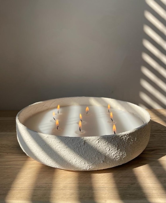 Hand Painted Rustic Large Multi wick 9 Wick Candle Beige Stone Effect Bowl Etsy
