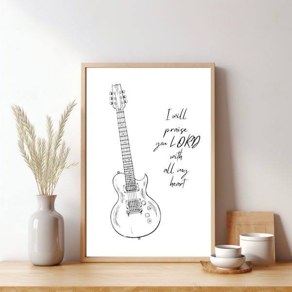 Gitarrenposter | christliches Zitat Poster | Wanddekoration mit Bibeltext | Schwarz-Weiß-Poster | Geschenk | Poster mit biblischem Text | Verehrung