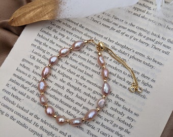 Pink freshwater baroque pearl adjustable bracelet, Cultured pink pearl and faceted gold bead bracelet, Wedding pearl jewelry