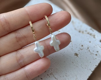 Freshwater pearl cross earrings on 14k gold plated half hoop studs/Pearl cross dangle earrings/Cross jewelry/Minimalist earrings