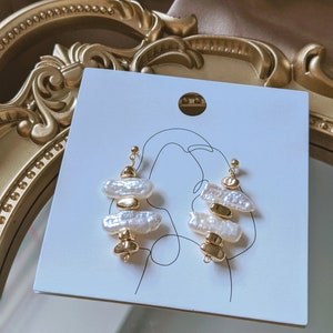 Biwa pearl earrings/Freshwater pearl dangle earrings/Pearl and metal stone earrings/14k gold pearl studs/Mother's day gift/Gift for women