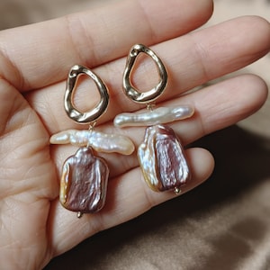 Baroque freshwater pearl earrings/Biwa pearl earrings/Purple rectangle freshwater pearl earrings/Modern pearl dangle earrings/