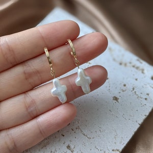 Freshwater pearl cross earrings on 14k gold plated half hoop studs/Pearl cross dangle earrings/Cross jewelry/Minimalist earrings