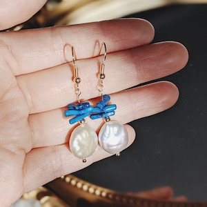 Blue bamboo coral and flat coin pearl earrings/Freshwater pearl dangle earrings/Baroque pearl earrings/Coin pearl earrings/Gift for her
