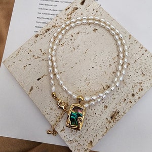 Freshwater pearl necklace with an abalone shell rectangle pendant/Seed pearl necklace/Abalone shell necklace/Natural abalone shell pendant