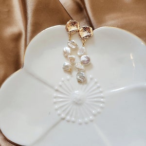 Petal Freshwater Pearl Earrings, Dangle Style (14k Gold Posts, S925 Silver)