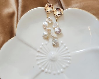 Petal pearl dangle earrings, Freshwater pearl dangle earrings, Petal pearl dangle earrings, Wedding pearl earrings