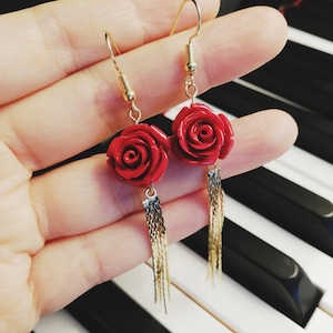 Rose Earrings/Tassel Earrings/Red Rose Earrings with Golden Tassel/Flower Earrings/Rose Earring Dangle/Gift for Her
