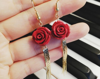 Rose Earrings/Tassel Earrings/Red Rose Earrings with Golden Tassel/Flower Earrings/Rose Earring Dangle/Gift for Her