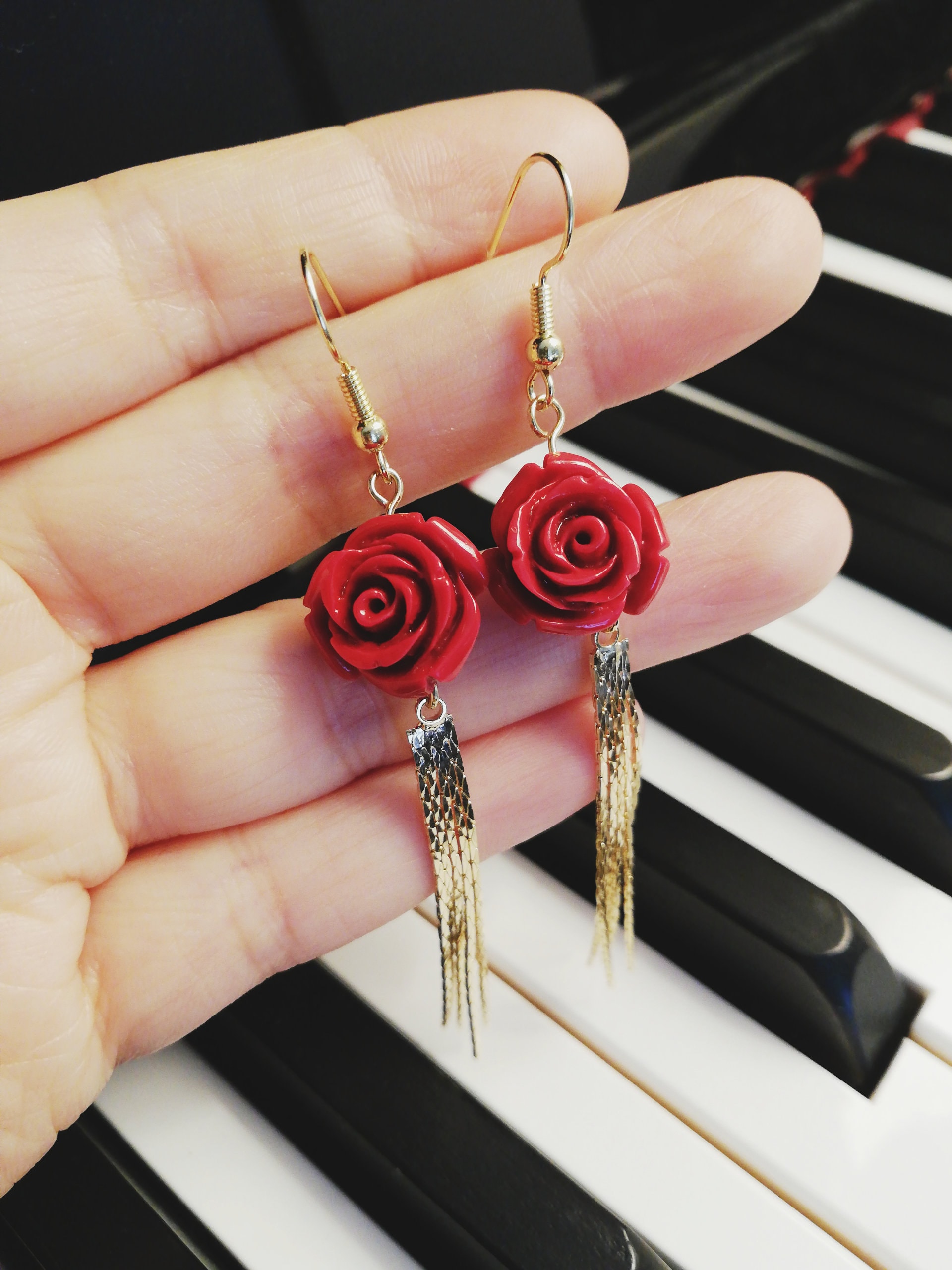Rose Earrings tassel Earrings red Rose Earrings With Golden Tassel flower Earrings rose Earring Dangle gift for Her Etsy Canada