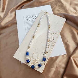 Lapis lazuli raw stone and freshwater pearl beaded necklace, blue necklace, natural stone and pearl necklace, Blue stone pearl necklace