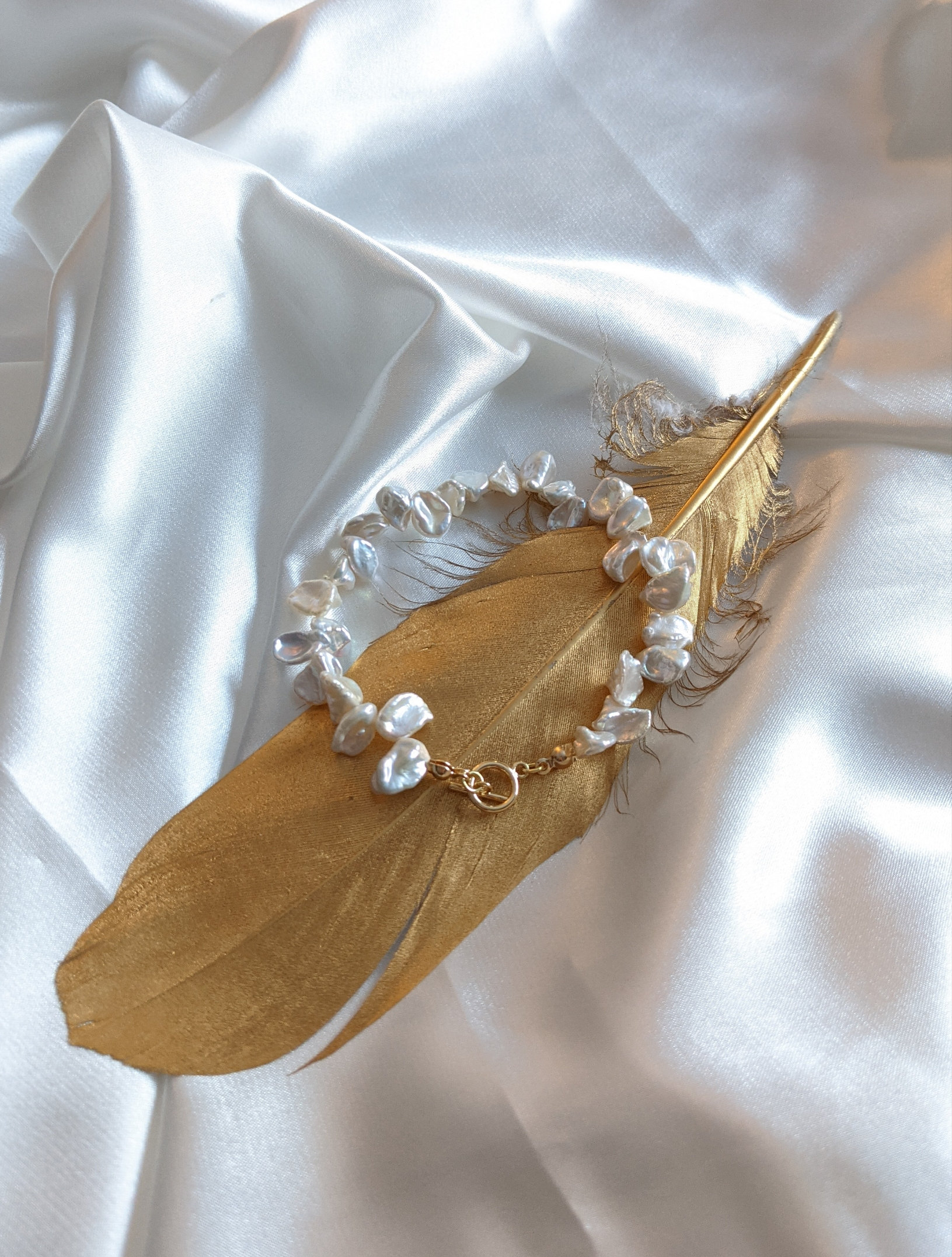 Keshi Pearl Bracelet: White Cornflake Pearls, Toggle Clasp