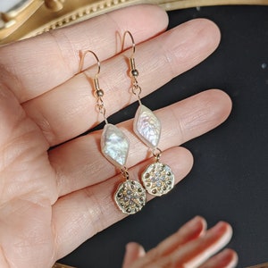 Freshwater rhombus-shaped pearl earrings/Freshwater pearl earrings with zircon star coin pendant/Single pearl dangle earrings/mother's day